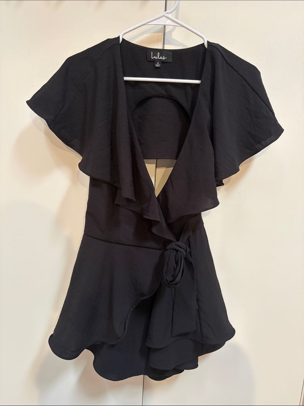 Lulu's Black Flutter-Sleeve Wrap Mini Dress